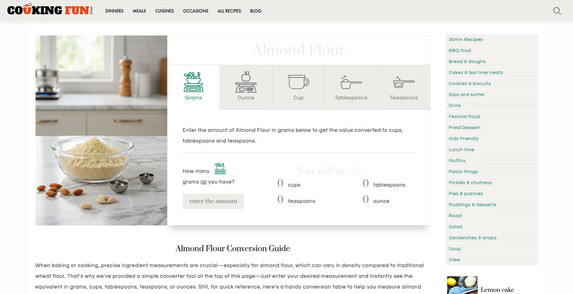 CookingFun.Space unit converter page
